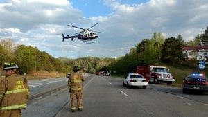 Medevac helicopter lifts off en route to Union General Hospital on Friday afternoon.