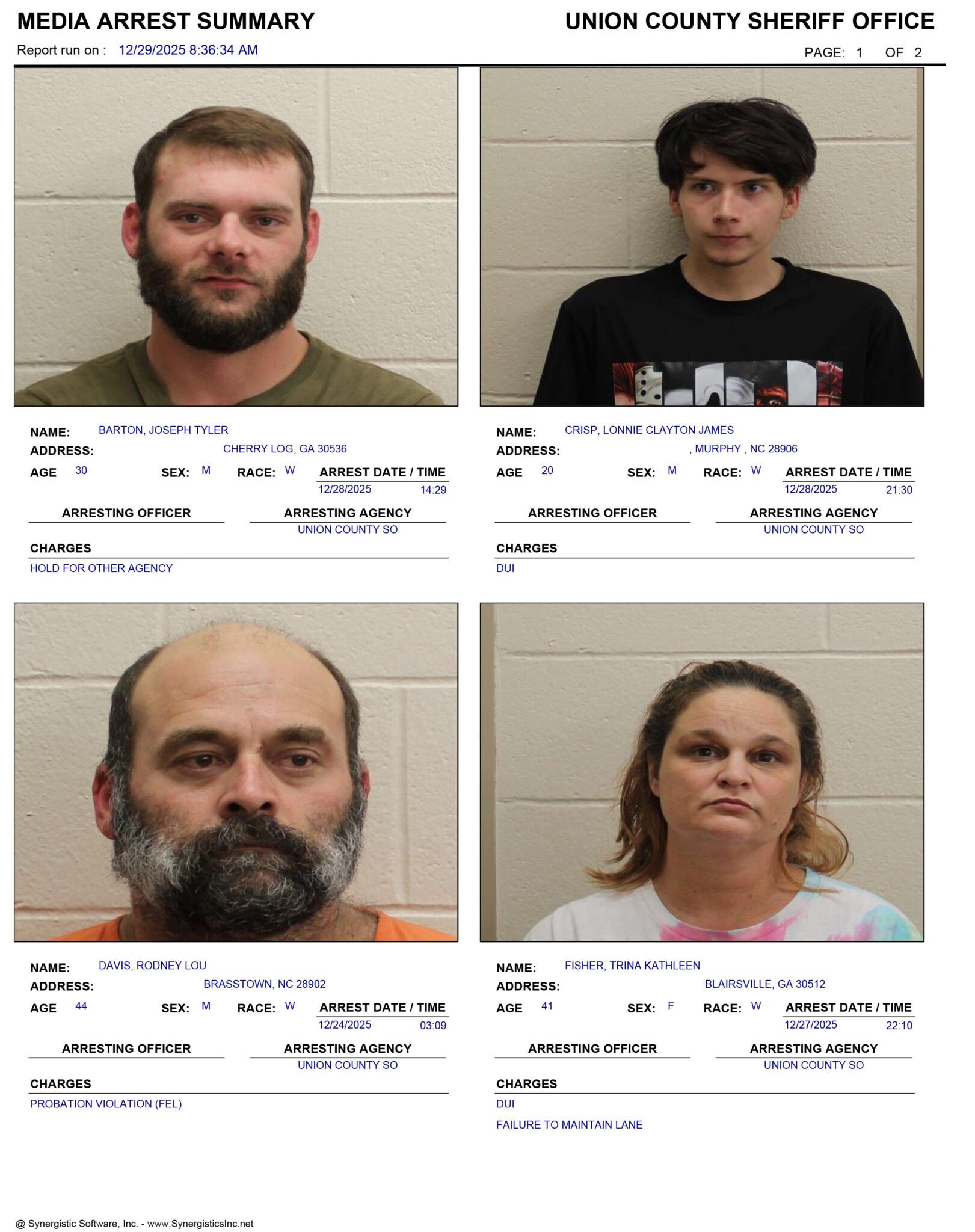 Union County Sheriff’s Office Arrest/Booking Report 12/21 – 12/28/2025 ...