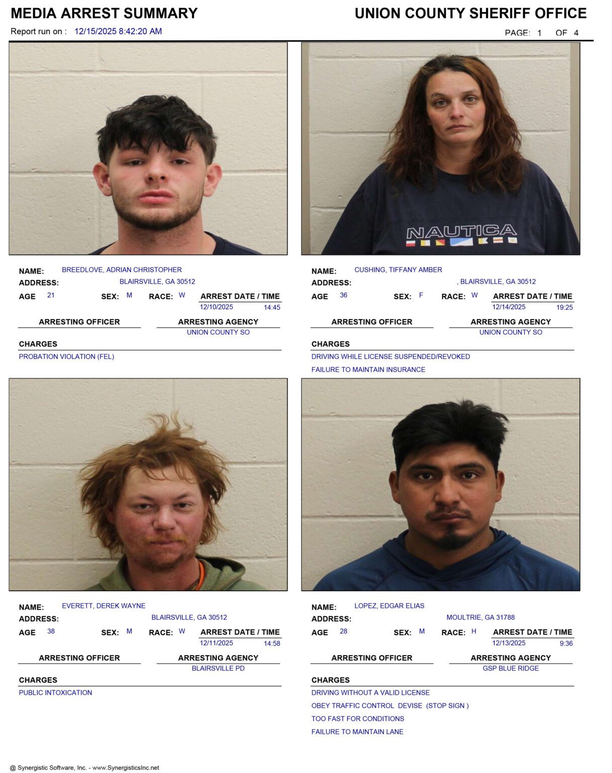 Union County Sheriff’s Office Arrest/Booking Report 12/7 – 12/14/2025 ...