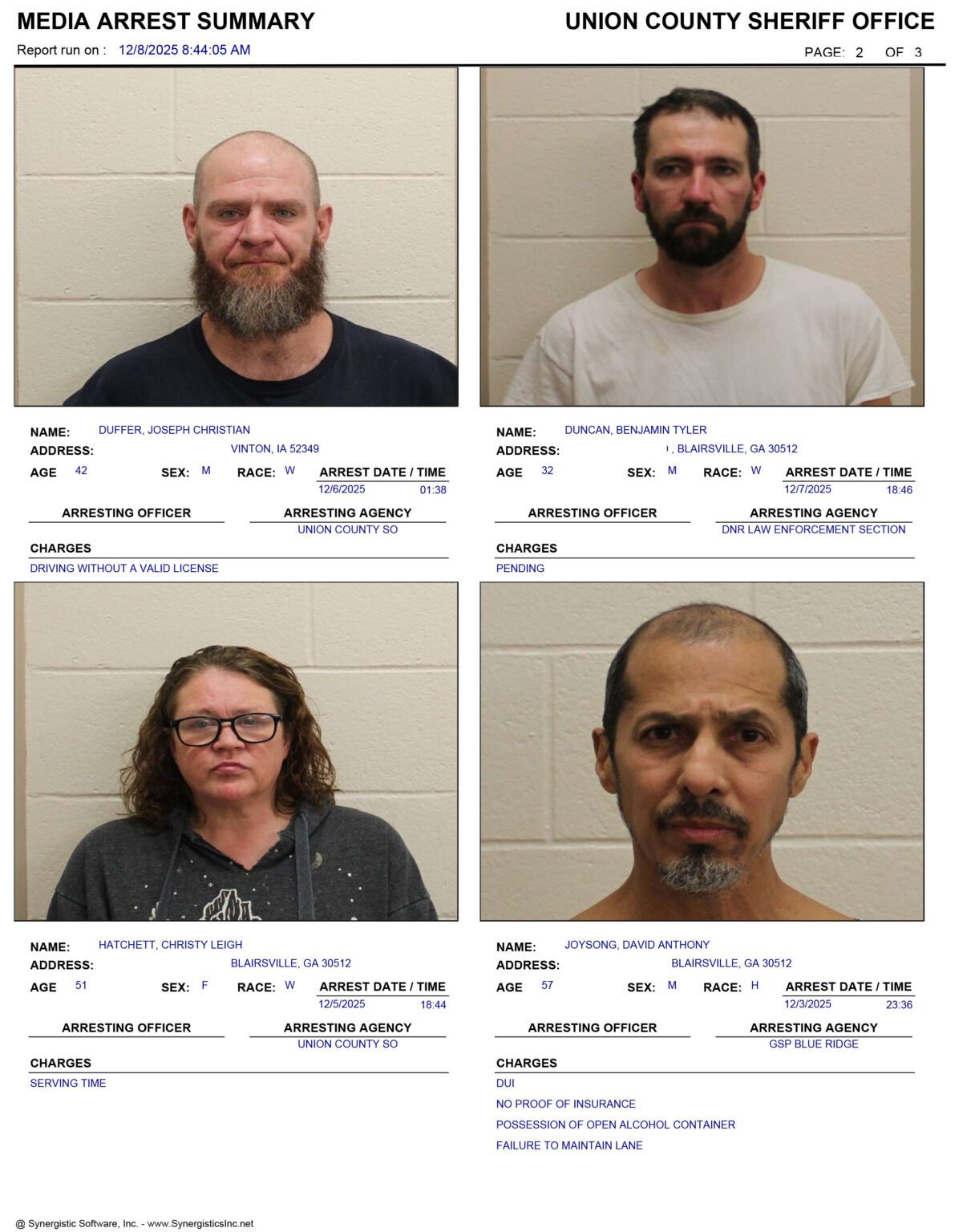 Union County Sheriff’s Office Arrest/Booking Report 11/30 – 12/7/2025 ...